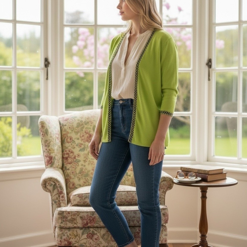 Granny XL Finity Open Front Cardigan Sweater Women Lime Green 3/4 Sleeve Chevron